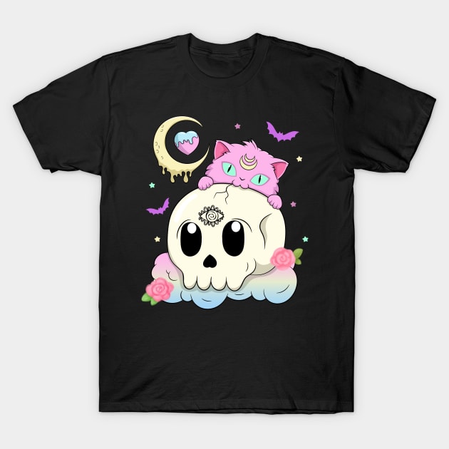 Creepy Cute Cat with Skull Pastel Goth T-Shirt by Sugoi Otaku Gifts